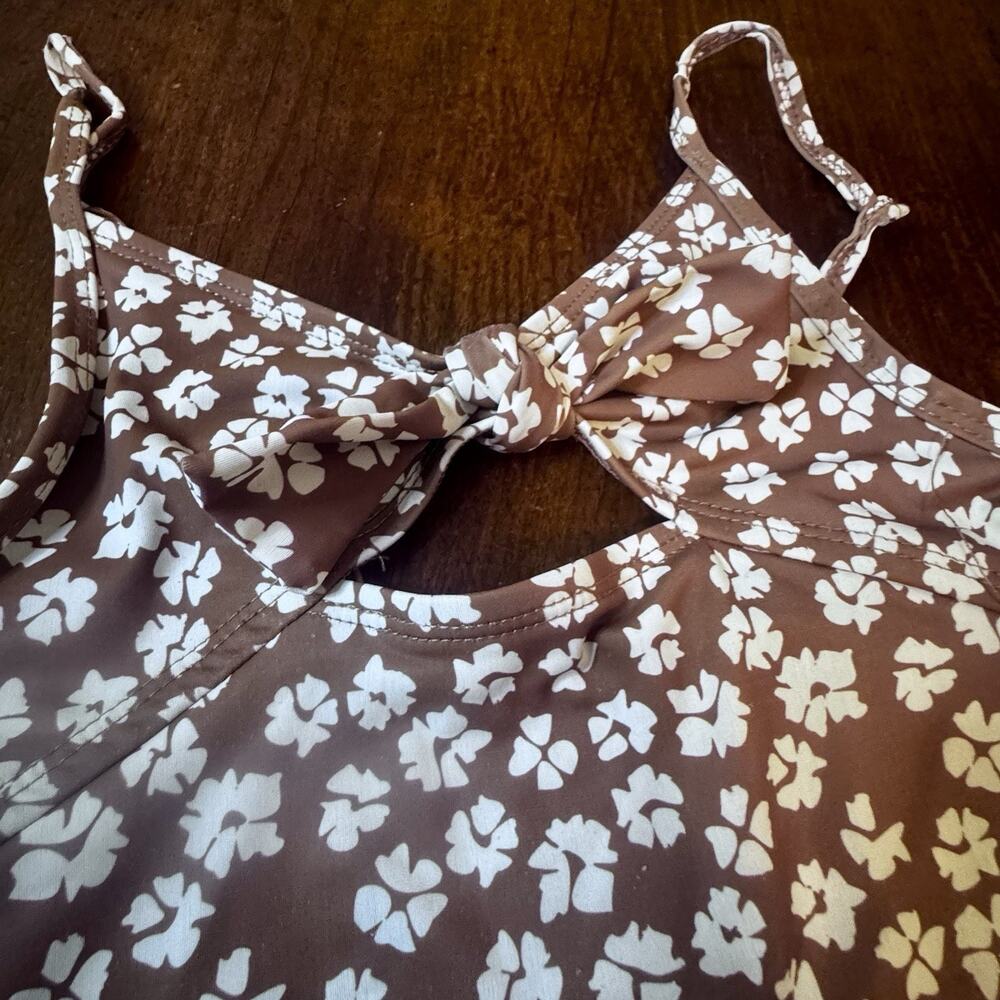 Sunset Sky Girls One Piece Swimsuit Brown Floral Bow Cutout Strappy READ